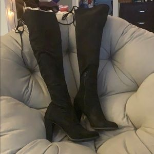 Black suede high heeled thigh boots